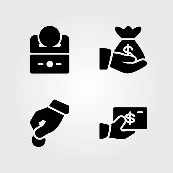 Peníze sada ikon. Vektorové ilustrace pytlík s penězi, peníze, darovat a dolar — Stockový vektor
