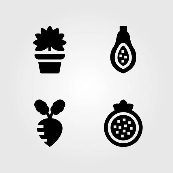 Набор векторных значков фруктов и овощей. Репа, пальма, гранат и папайя — стоковый вектор