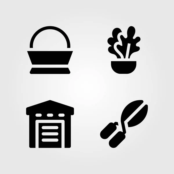 Zestaw ogrodowy ikon. Wektor ilustracja roślin, magazyn, sekatorem i kosz — Wektor stockowy