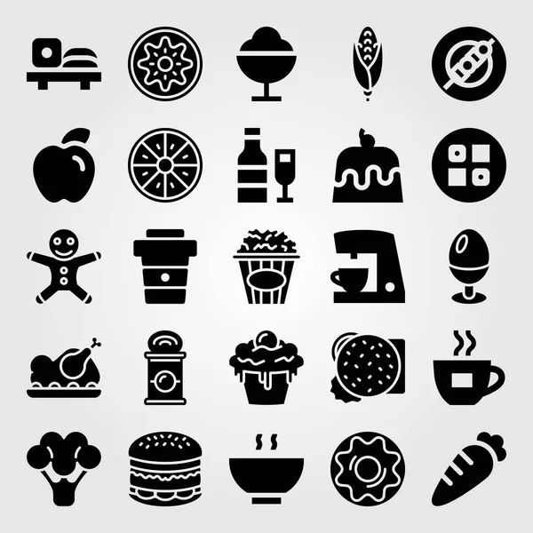 Alimentos y bebidas vector icono conjunto. pastel, palomitas de maíz, huevo cocido y naranja — Archivo Imágenes Vectoriales