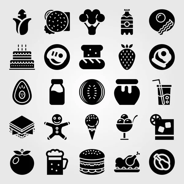 Alimentos y bebidas vector icono conjunto. desayuno, pastel, pollo asado y helado — Archivo Imágenes Vectoriales