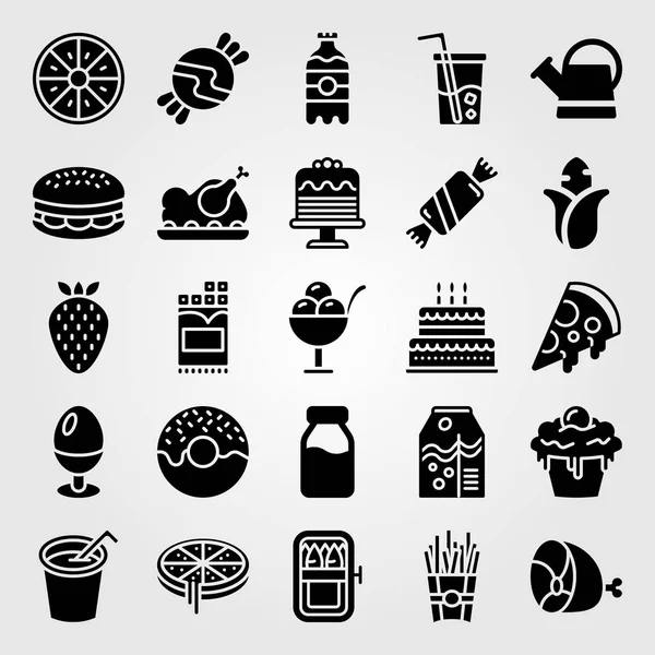食物和饮料图标设置向量。汉堡, 蛋糕, 软饮料和肉类 — 图库矢量图片