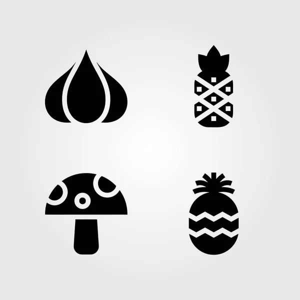 Obst Gemüse Vektorsymbolset. Ananas, Knoblauch und Pilz — Stockvektor
