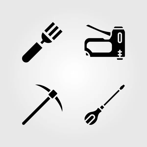 Sada nástrojů ikony. Vektorové ilustrace pick axe, příbory, sešívačku a vidlice — Stockový vektor