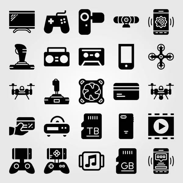 Conjunto de iconos de vector tecnológico. reproductor de música, controlador de juego, joystick y camcoder — Vector de stock