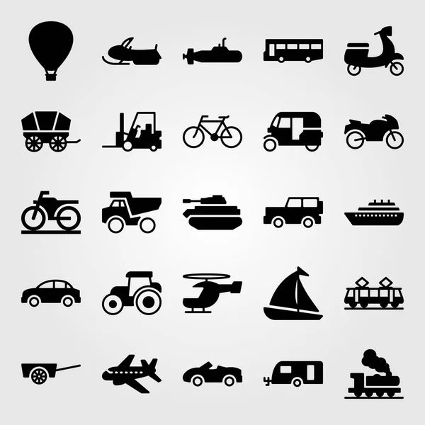 Conjunto de iconos de vector de transporte. coche, globo de aire, globo de aire caliente y tractor — Vector de stock