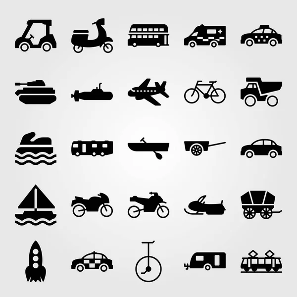 Dopravní vektorové sada ikon. veslování, tramvají, letounu a karavanu — Stockový vektor