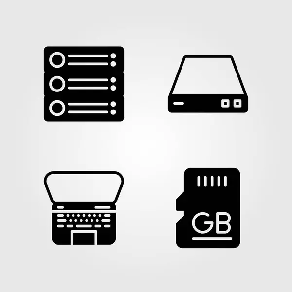 Icone tecnologiche impostate. router illustrazione vettoriale, laptop, scheda SD e memoria — Vettoriale Stock