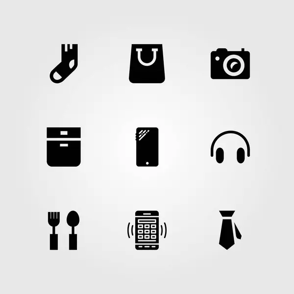 Shopping vector icon set. photo camera, sock, shopping bag and cutlery — Stock Vector