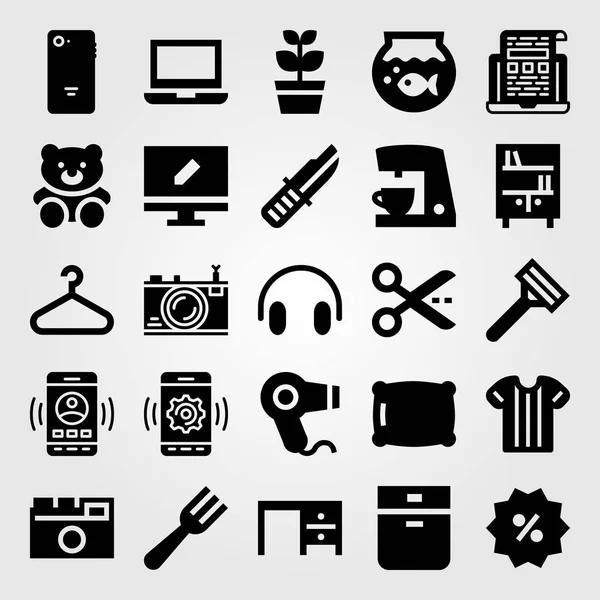 Winkelen vector icon set. Koffie-/ theevoorzieningen, percentage, mes en vis bowl — Stockvector