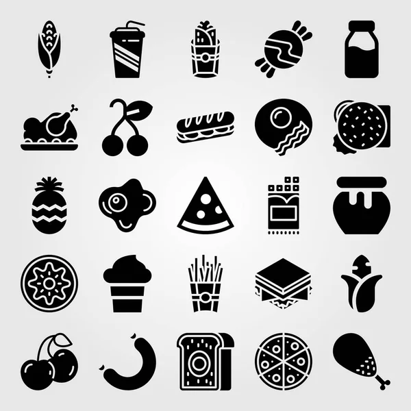 Food Drinks Vector Icon Set Cherry Meat Pie Milk Bottle — Stock Vector