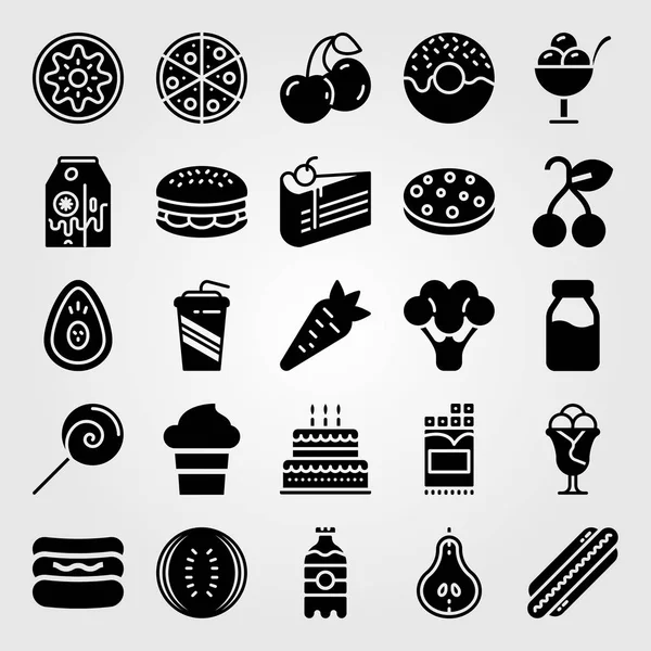 Yiyecek ve içecekler Icon set vektör. muzlu süt, soda, halka ve doğum günü pastası
