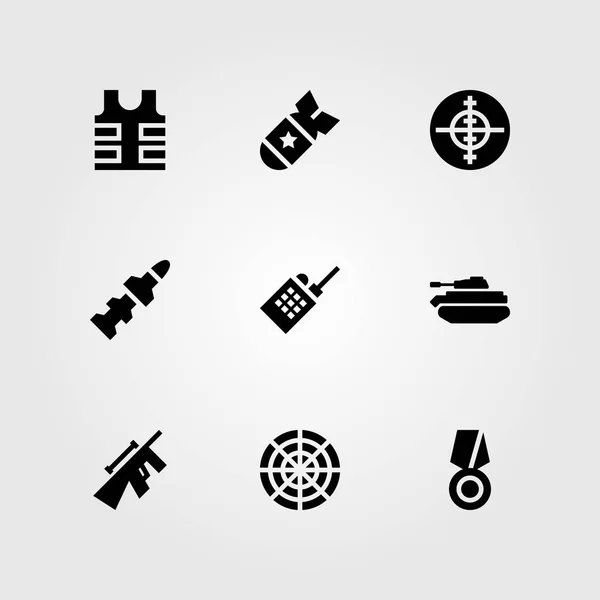 Conjunto de ícones vetoriais de armas. medalha, walkie talkie, tanque e bomba —  Vetores de Stock