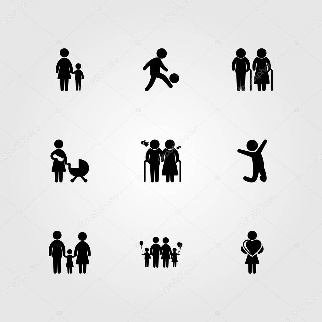 Humans icon set vector. love, family, old man and elderly