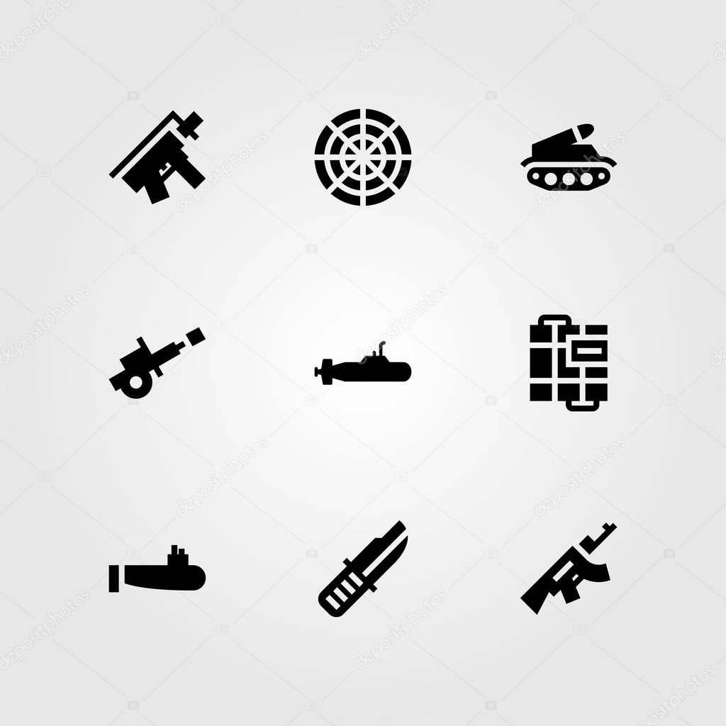 Weapon vector icon set. rifle, radar, submarine and knife