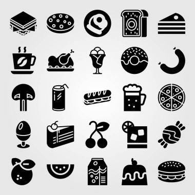 Yiyecek ve içecekler Icon set vektör. kiraz, kokteyl, et ve karpuz