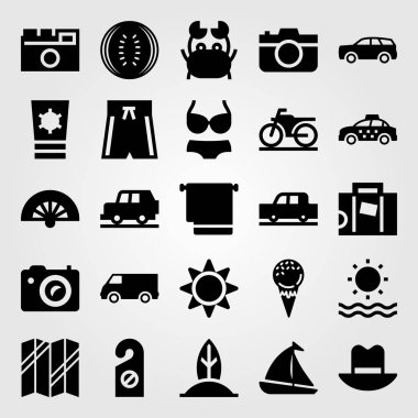 Yaz aylarında vektör Icon set. havlu, harita, yengeç ve sörf