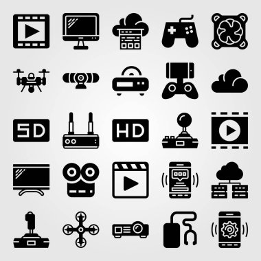 Teknoloji vektör Icon set. soğutucu, monitör, uçak ve sunucu