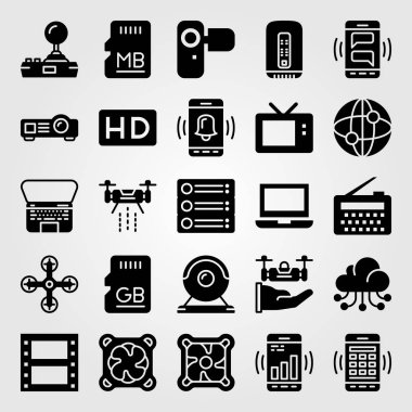 Teknoloji vektör Icon set. bellek, projektör, soğutucu ve dizüstü
