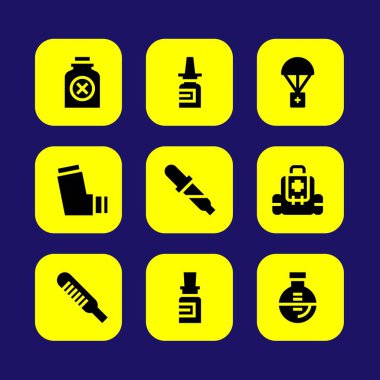 Tıp vektör Icon set. ilk yardım çantası, zehir, şişe ve yardım
