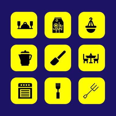 Mutfak vektör Icon set. muzlu süt, su ısıtıcısı, akşam yemeği ve tablo