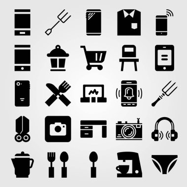 Alışveriş vektör Icon set. gömlek, çatal, kısa pantolon ve alışveriş sepeti