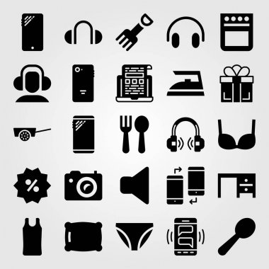 Alışveriş vektör Icon set. kaşık, fotoğraf makinesi, çatal bıçak takımı ve sepeti