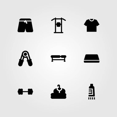 Fitness vektör Icon set. yukarı çekin bar, spor pantolon, tezgah ve pantolon