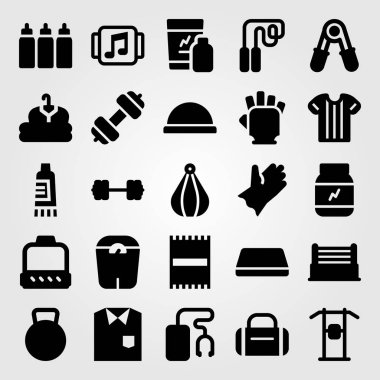 Fitness vektör Icon set. Mat, atlama, gömlek ve kapsül