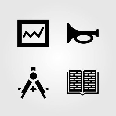 Eğitim Icons set. Vektör çizim analytics, açık kitap, trompet ve pusula