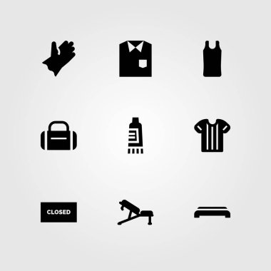 Fitness vektör Icon set. tezgah, Mustafa ve kapalı spor salonu adım,