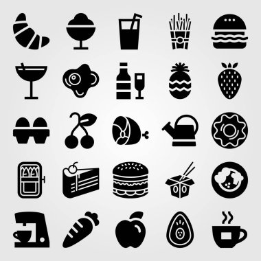 Yiyecek ve içecekler Icon set vektör. kruvasan, şarap, pasta ve havuç