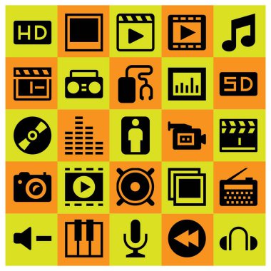 Çoklu ortam simgesini vektör ayarlayın. Analytics, Klaket, ses bar ve fotoğraf