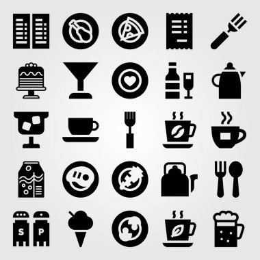 Restoran vektör Icon set. Kupası, biftek, çatal bıçak ve çay bardağı