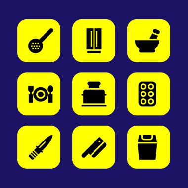 Mutfak vektör Icon set. bıçak, buzdolabı, yumurta ve harç
