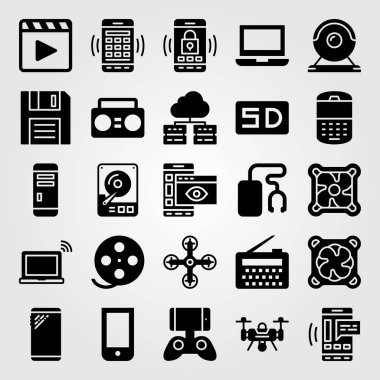 Teknoloji vektör Icon set. doskette, dizüstü bilgisayar, casus uçak ve hhd