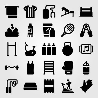 Fitness vektör Icon set. jimnastik minderi, yüzük, müzik çalar ve delme bar