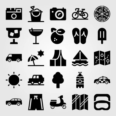 Yaz aylarında vektör Icon set. Flip flop, kokteyl, kamyon ve van