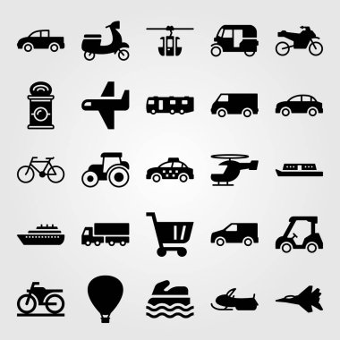 Ulaşım vektör Icon set. Teleferik kabin, karavan, uçak ve deniz scooter
