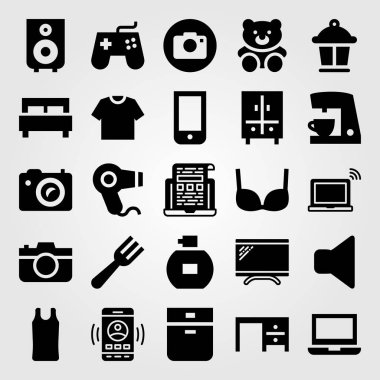 Alışveriş vektör Icon set. dolap, fırın, yatak ve saç kurutma makinesi