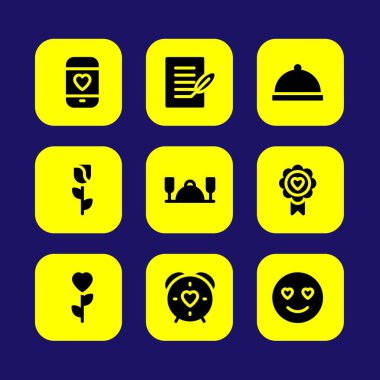 Sevgililer günü vektör Icon set. Gül, akşam yemeği, gülümseme sevgi ve plaka