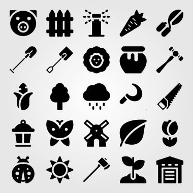 Bahçe simge vektör ayarlayın. kürek, uğur böceği, orak ve el testeresi