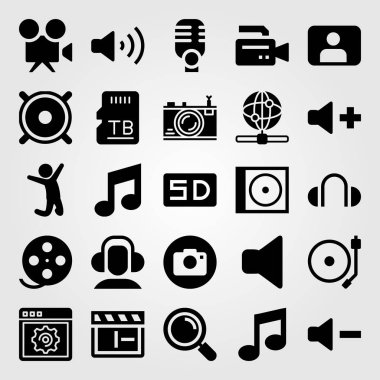 Çoklu ortam simgesini vektör ayarlayın. adam, pikap, internet ve bellek atlama