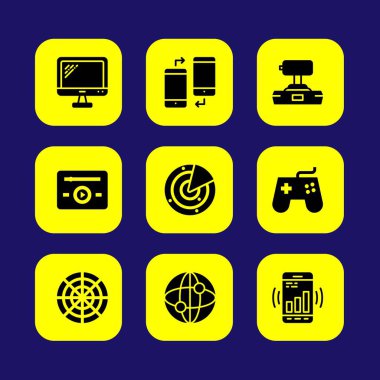 Teknoloji vektör Icon set. Smartphone, joystick, gamepad ve radar