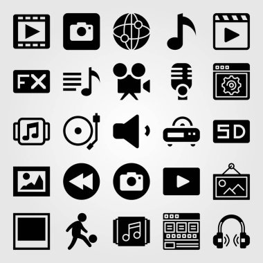 Çoklu ortam simgesini vektör ayarlayın. video oynatıcı, resim, müzik notu ve Internet