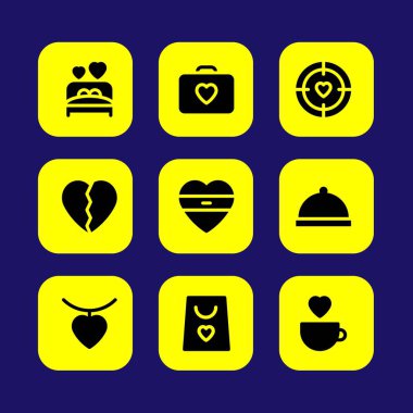 Sevgililer günü vektör Icon set. kırık kalp, alışveriş çantası, akşam yemeği ve kalp