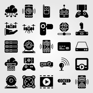 Teknoloji simge vektör ayarlayın. Film oynatıcı, projektör, manevra kolu ve bulut bilgi işlem