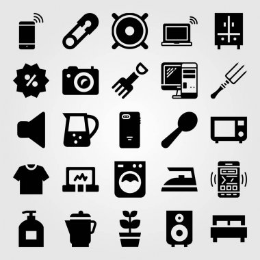 Alışveriş vektör Icon set. bitki, yatak, su ısıtıcısı ve çengelli iğne