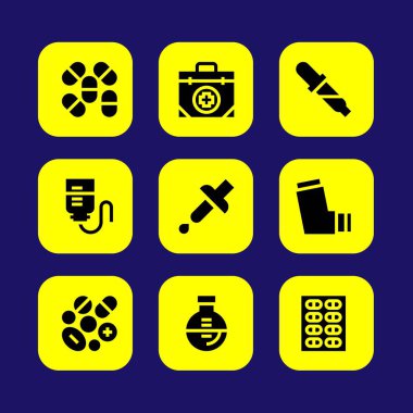 Tıp vektör Icon set. ilk yardım seti, hap, pipet ve damla sayacı