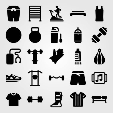 Fitness vektör Icon set. krema, pazı halter, koşu ayakkabıları ve spor salonuna adım